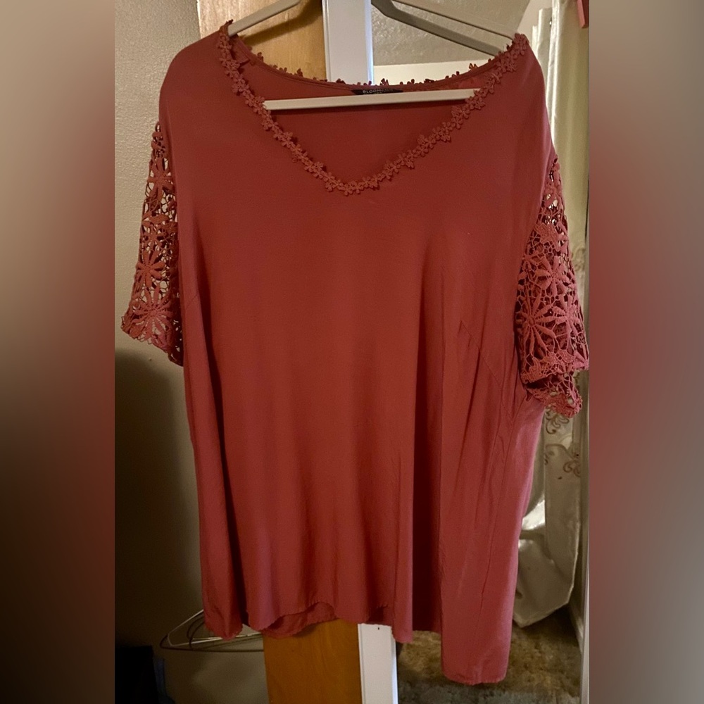 BloomChick Dusty Rose Shirt with Lace Sleeves Lace Sleeves. - Picture 6 of 8